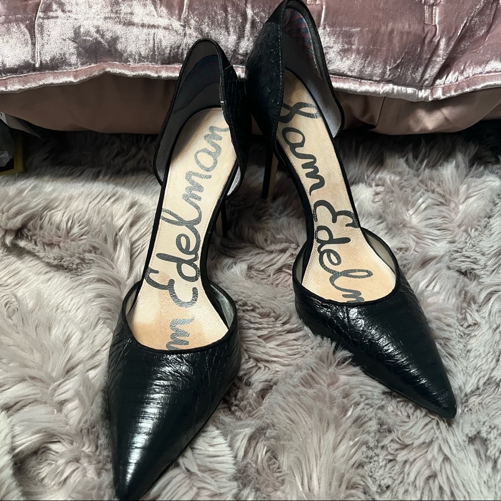 Sam Edelman Delilah Black Snakeskin D'Orsey Pointed Toe Pumps - Picture 1 of 4